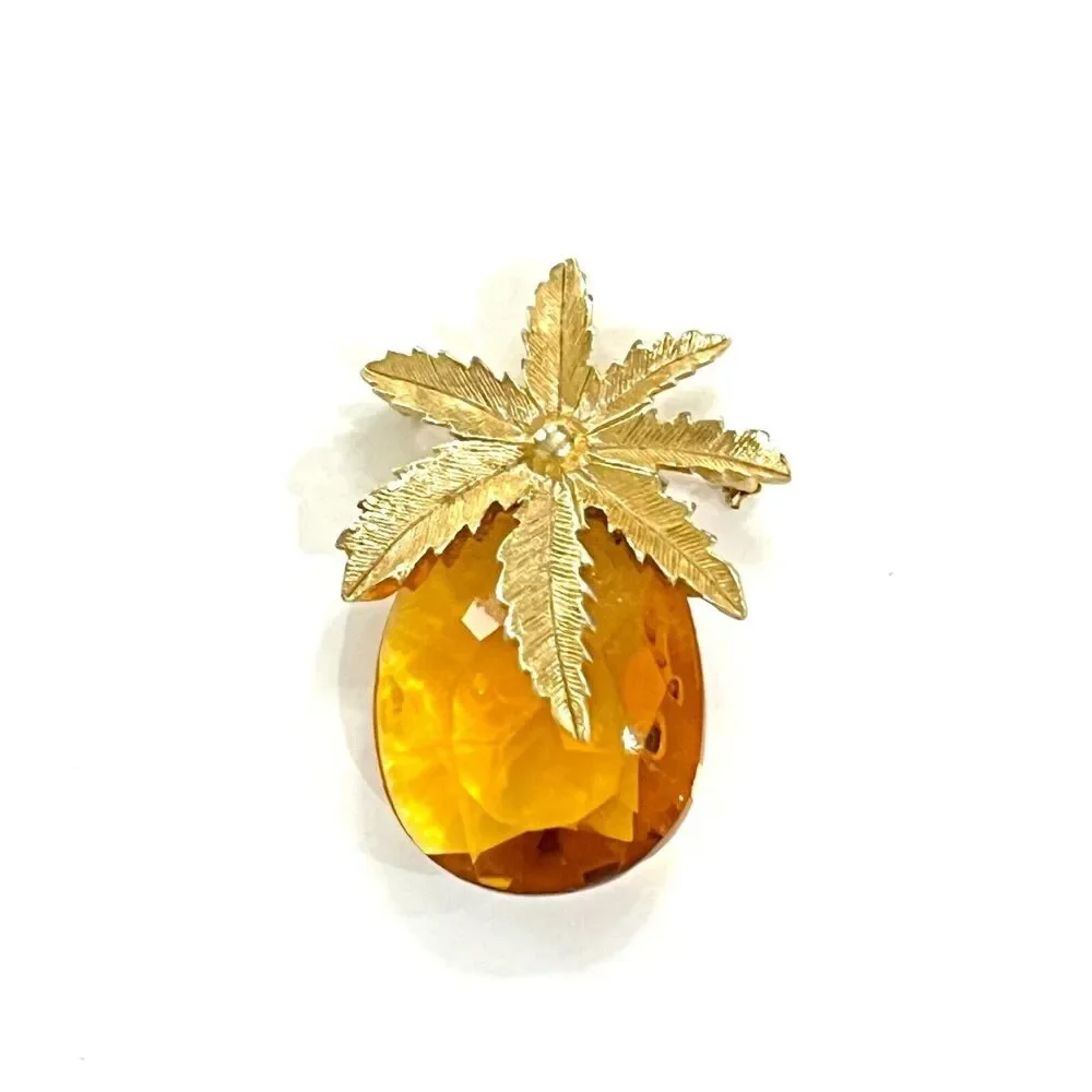 Mid Century Sarah Coventry Gold Tone Amber Glass Leaf Brooch Statement Pin